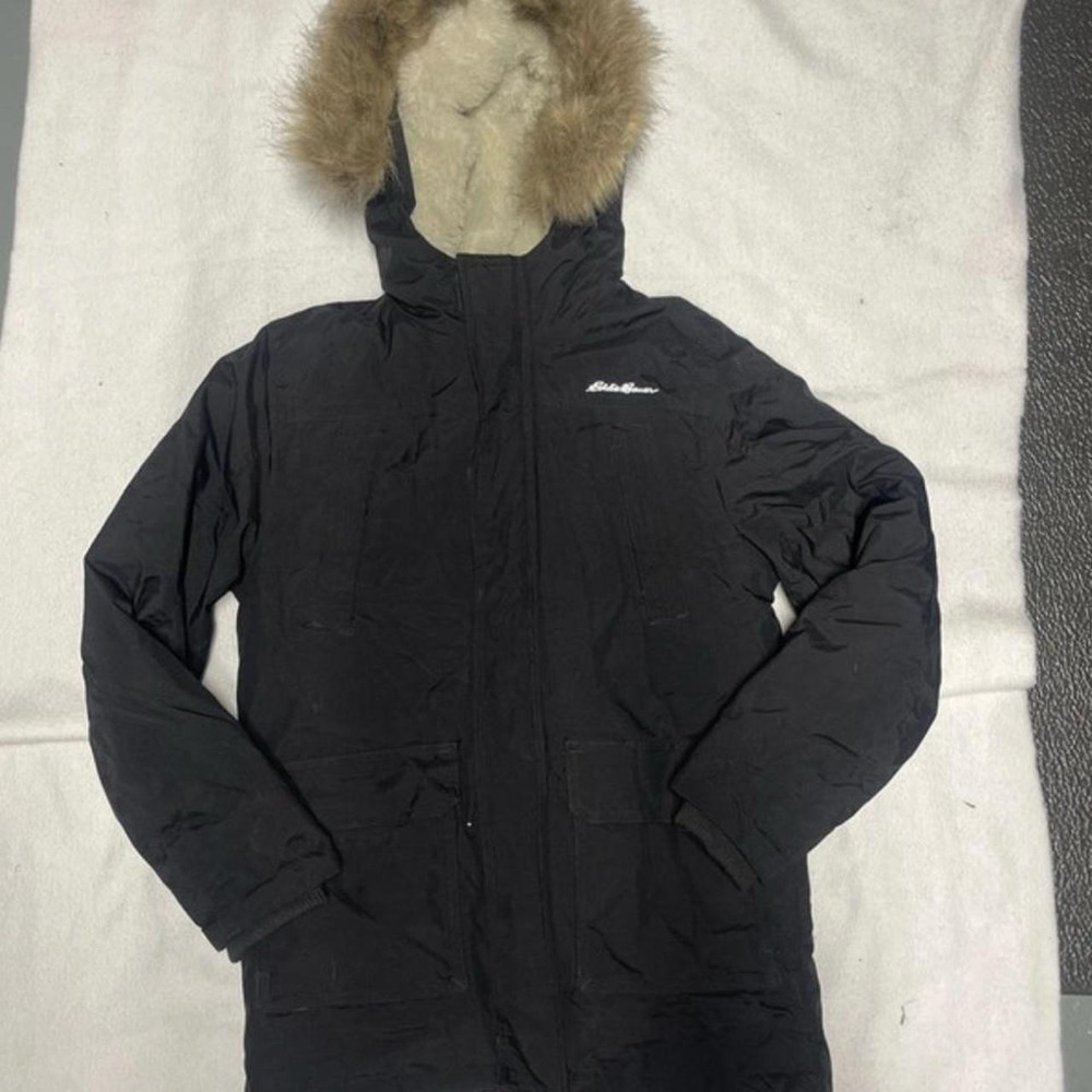 Eddie Bauer black longer winter jacket coat with faux fur hood, size M